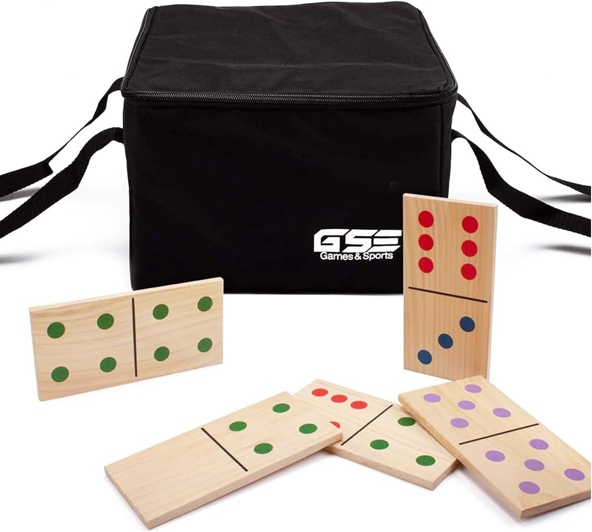 GSE Wooden Dominoes Game Set, Multi-Colored Dots, Large, 7" x 3.5", 28 Pcs | Natural Pine Wood Material, Brightly Colored Dot, Varnish Coating, Storage Bag Included, for Home & Yard, for 2-4 players