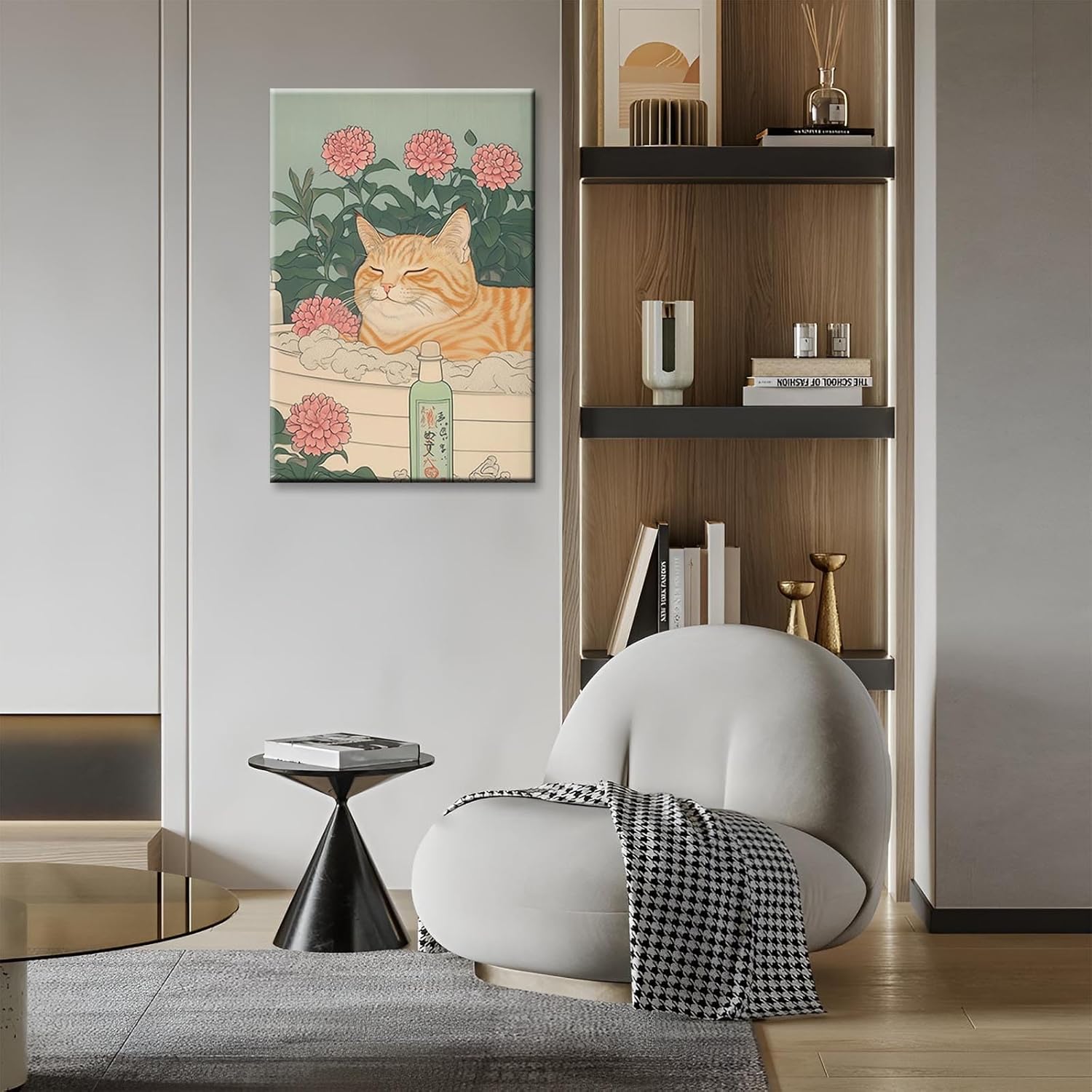 KFDJIG Japanese Ginger Tabby Cat Taking A Bath Posters Animals In The Bathtub Canvas Wall Art Flowers Aesthetic Prints Painting For Bathroom Home Bedroom Dorm Wall Decor 12x16in Framed