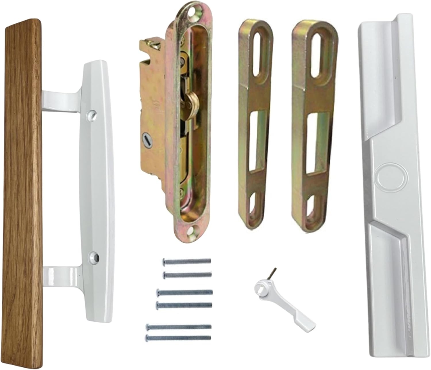 Sliding Patio Glass Door 9" Handle Set with Oak Wood Interior Handle + Exterior Pull in Diecast Finish Fits 3-15/16” Screw Hole Spacing, Non-keyed with Mortise Lock with Trimplate + Keepers - WHITE