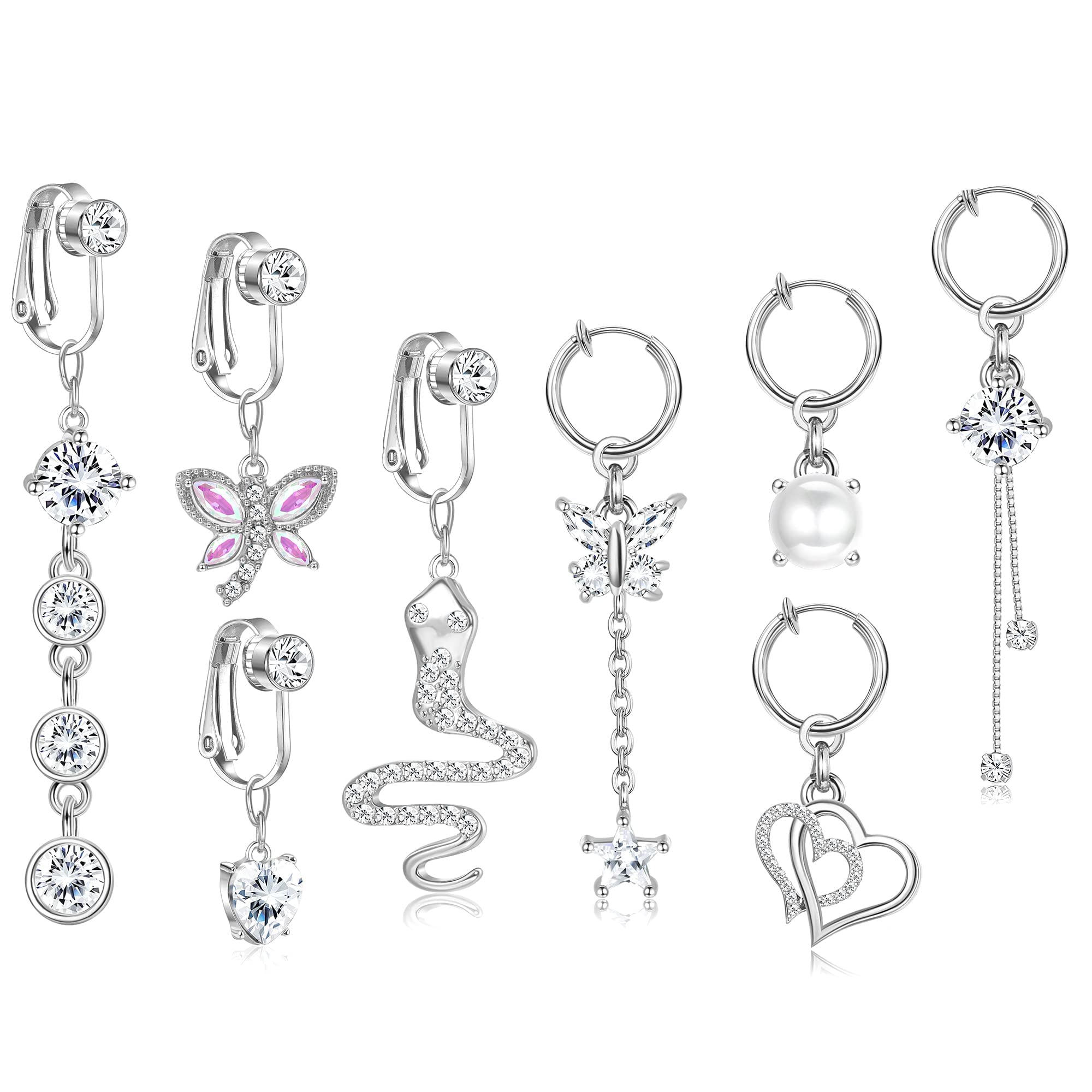 LOLIAS 8 Piezas Clip Piercing Ombligo Acero Quirurgico Anillos Ombligo Circonita Cúbica Sin Perforación Barra de Vientre Colgante Mariposa Serpiente Moda