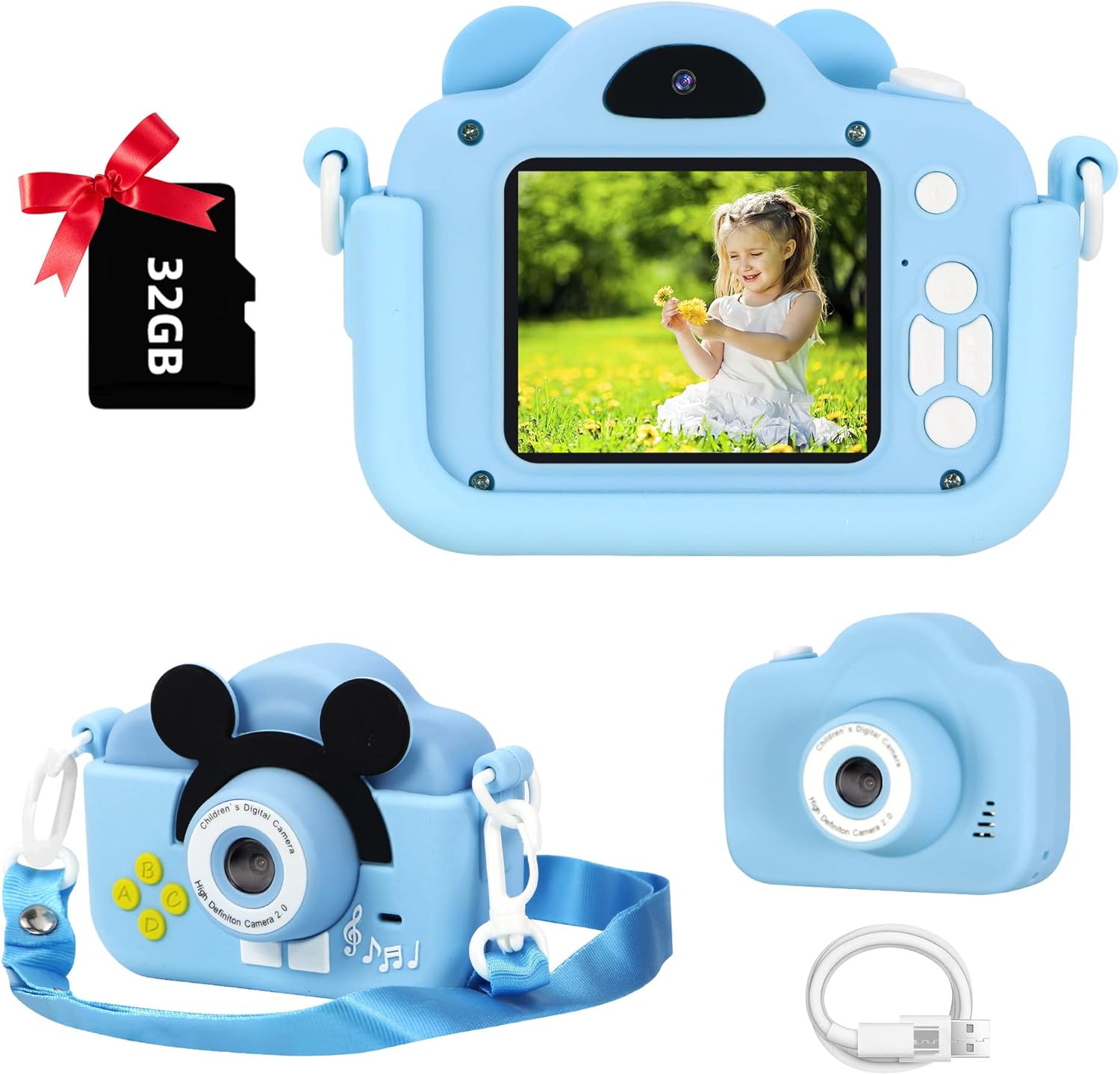キッズカメラ 子供用カメラ トイカメラ 2000万画素 1080P HD 動画 32GBメモリーカード付き キッズデジカメ2.0インチIPS画面8倍ズーム 子どもデジタルカメラ USB充電 デュアルレンズ 自撮可能 子供の日 誕生日プレゼント 日本語取扱説明書付き（ ブルー、かわいいネズミ）