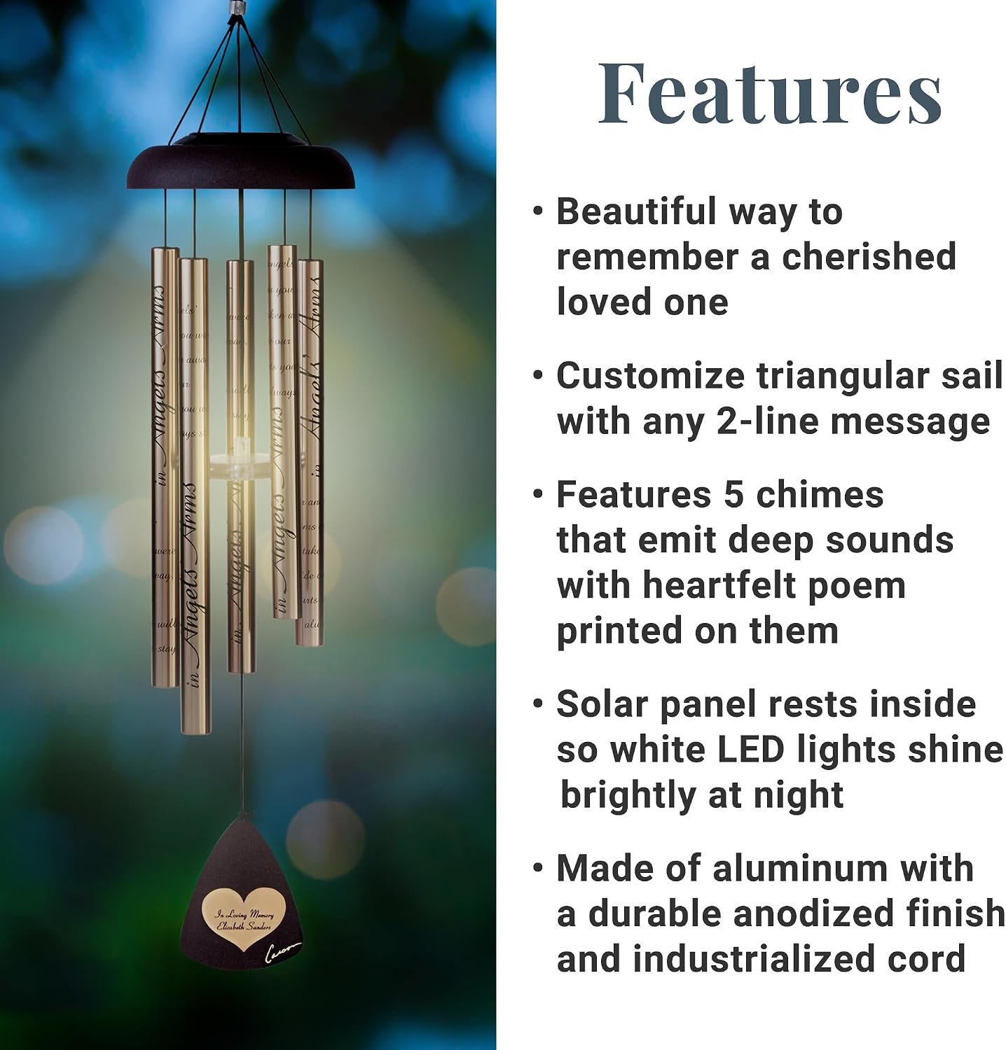 Let's Make Memories Personalized Wind Chime - Memorial - in Memory - Sympathy - Condolences - Remembrance - Solar - 29”H - Your Light Shines Bright Design