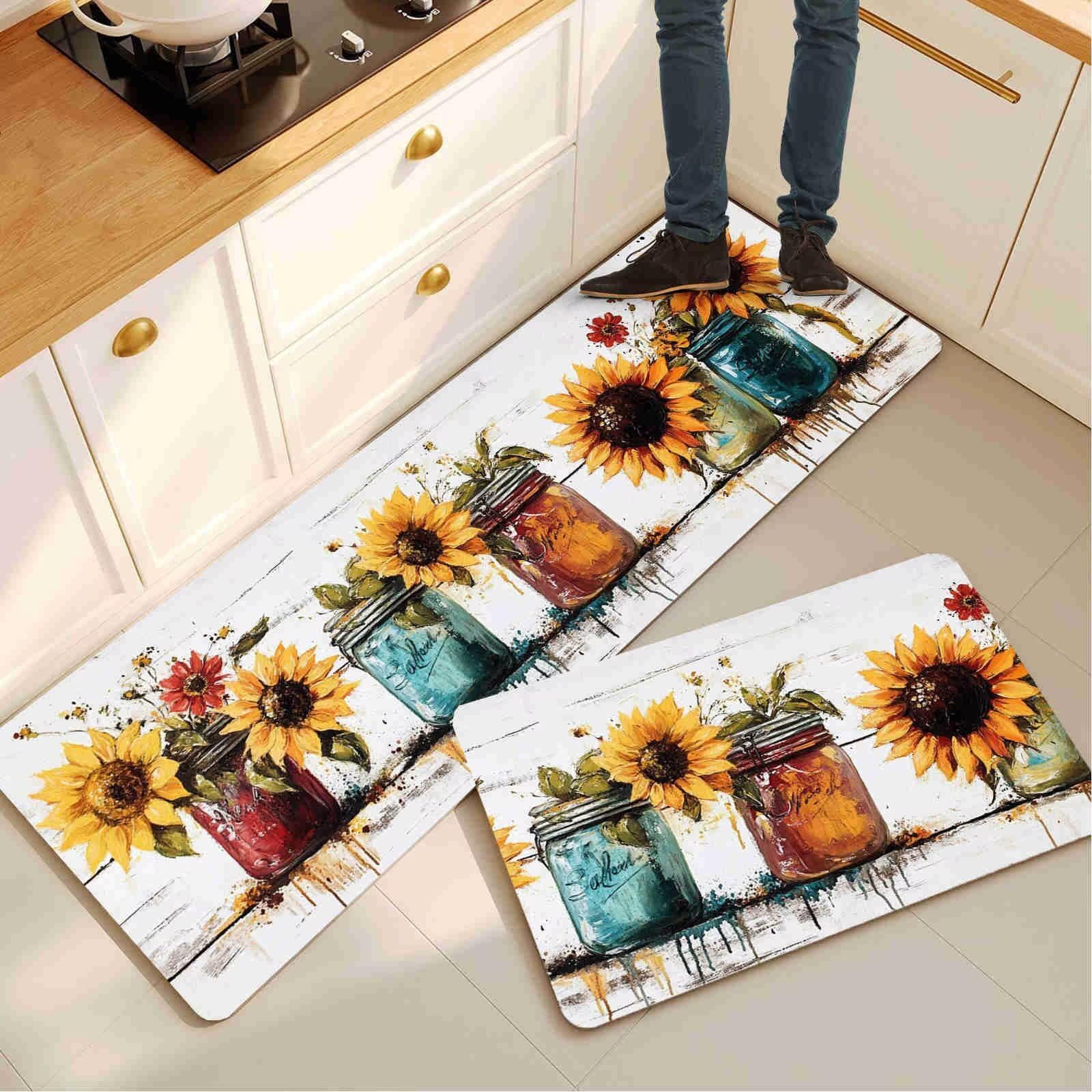 Alfombras de cocina lavables y antideslizantes juego de 2 piezas de 45x140 y 45x70cm con diseño de girasol