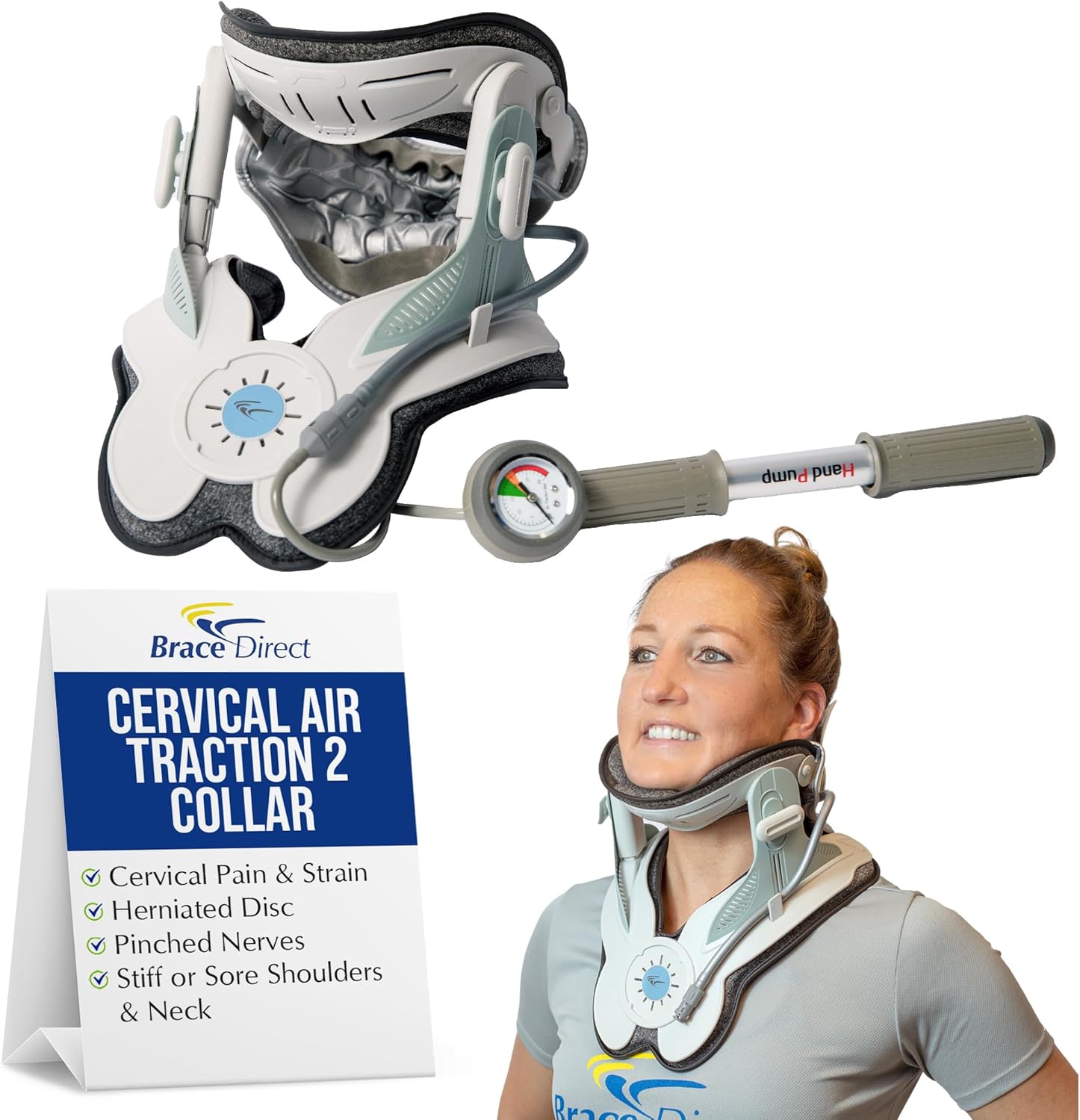 Cervical Air Traction Collar 2 - Portable Neck Stretcher & Decompression Device with Pump for Tech Neck, Posture Support, Pinched Nerves & Herniated Discs by Brace Direct - Adjustable Universal Fit