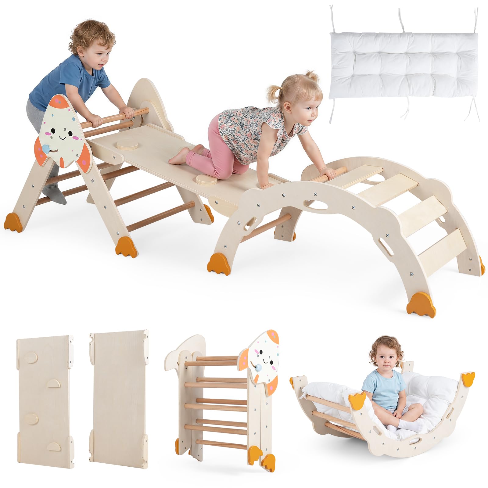 COSTWAY 8 in 1 Montessori Klettersset Holz, für Kinder ab 1 Jahr, Natur