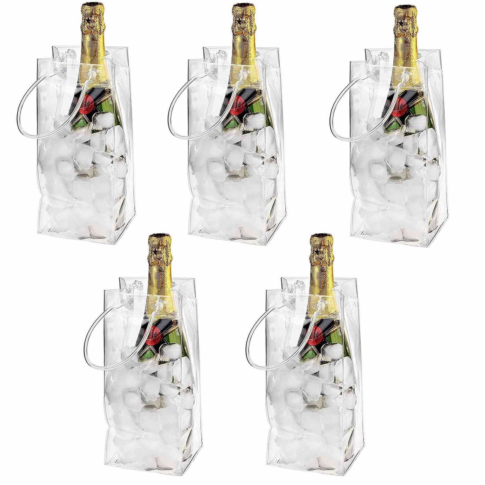 Pomurom 5 Pieces 5 Wine Ice Bag, Pvc Leakproof Ice Bag Portable Ice Bucket Wine Cooler Bag, Beverage Beer Champagne Bottle Chiller With Carry Handle, Clear Wine Cold Bag For Pubs Restaurant Home Outdoor, 11X11x25cm
