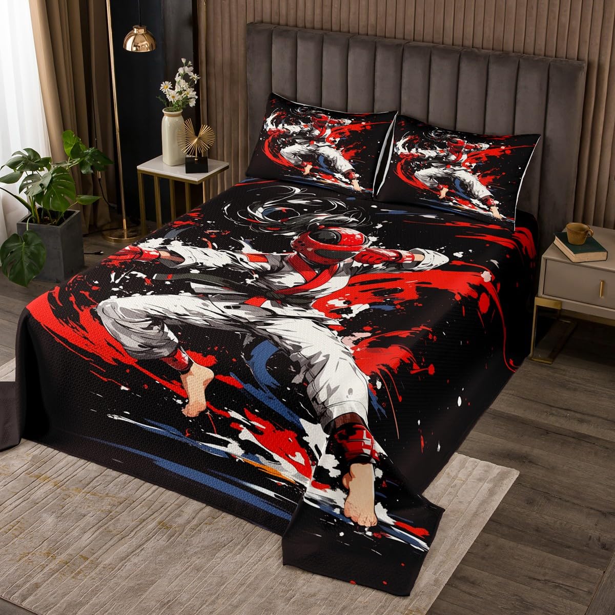 Castle Fairy Taekwondo Bedspread Set Twin Size for Kids,Boys Girls Watercolor Quilt Set Kungfu Coverlet Japanese Sports Bedspread 3 Piece Decorative Bedding Quilted with 1 Pillow Shams