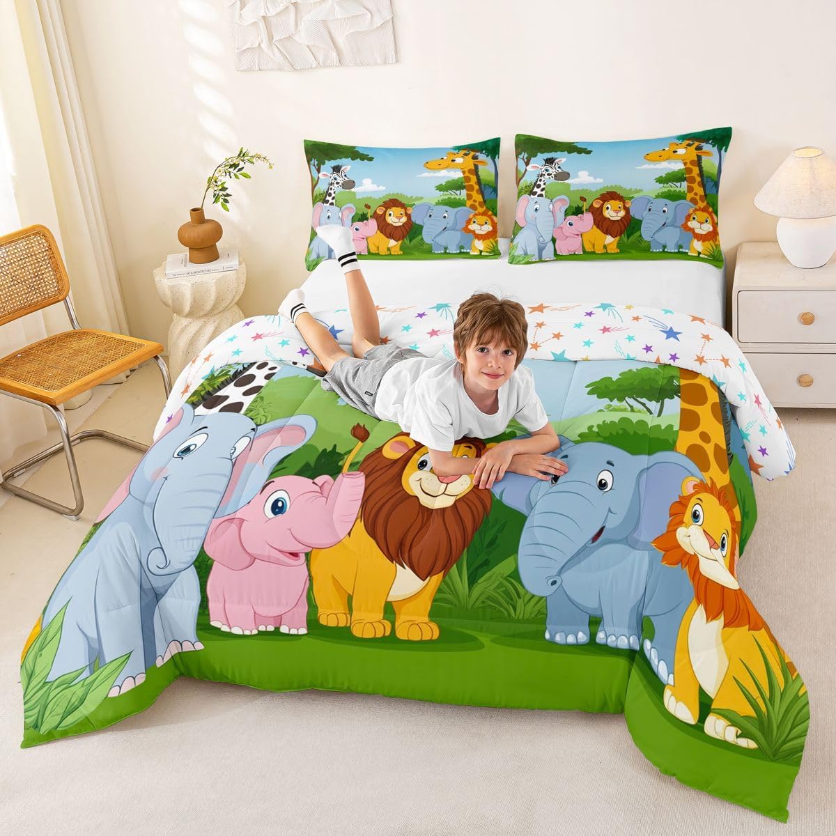 Feelyou Kids Cartoon Animal Soft Comforter Set Jungle Elephant Lion Zebra Giraffe Monkey Bedding Set Cute Quilt Collection 3Pcs Queen Size Boys