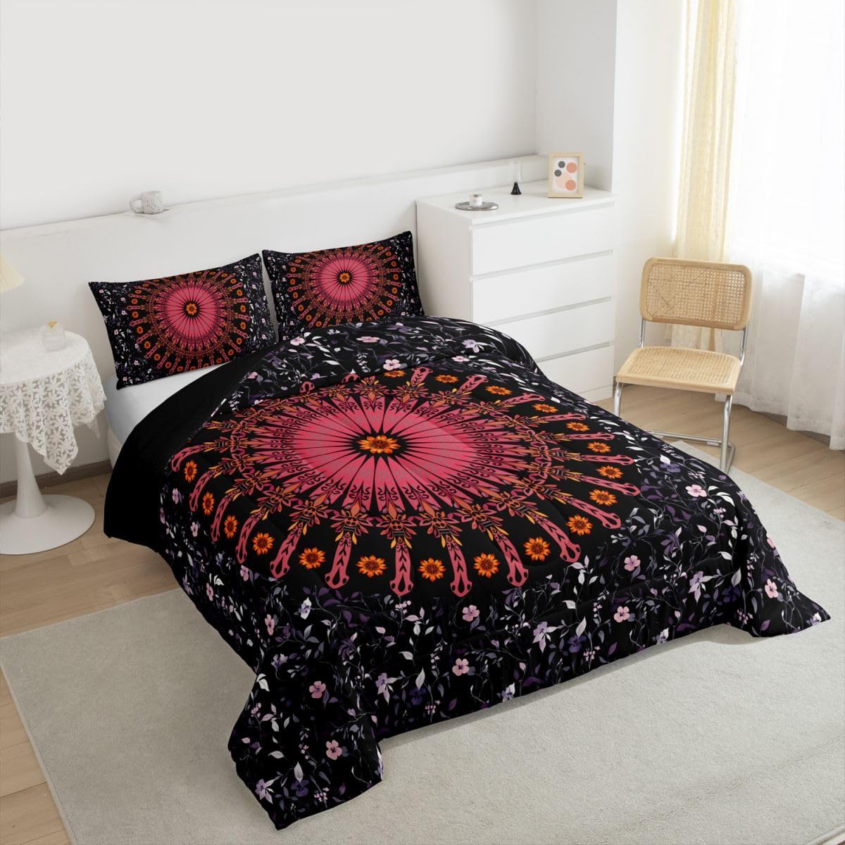 Feelyou Boho Mandala Comforter Set Twin Size Kids Hippie Mandala Comforter for Boys Teens Exotic Floral Printed Bedding Set Flower Black Red Duvet Set Room Decor Quilt Set with 1 Pillow Case