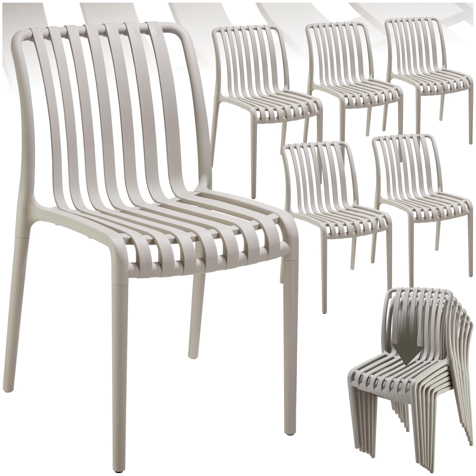 tectake® Set of 6 Garden Chairs in Light, Airy Design, Outdoor Chairs in Weather-Resistant Plastic with Slatted, Curved Seat, Stackable Garden Chair Set for Backyard, Patio, Balcony - Taupe