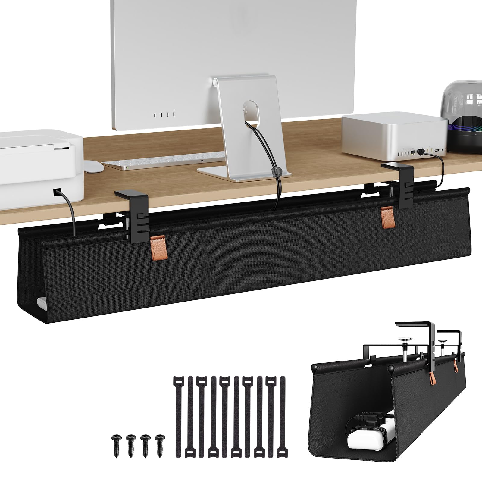 KEEGH Kabelkanal Schreibtisch Ohne Bohren, 100cm Unter dem Kabelmanagement Schreibtisch - Klemmen/Schraubmontage, Stoff-Kabelkanal für Gaming-PCs und Kabelverstecker für Büro & Zuhause, Schwarz
