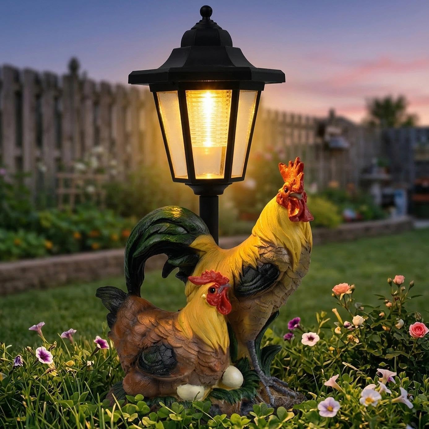 Solar Chicken Garden Statue - Rooster and Hen Family Farm Decor with Solar Light, Outdoor Yard Lawn Patio Ornament, Unique Gift for Mom Grandma
