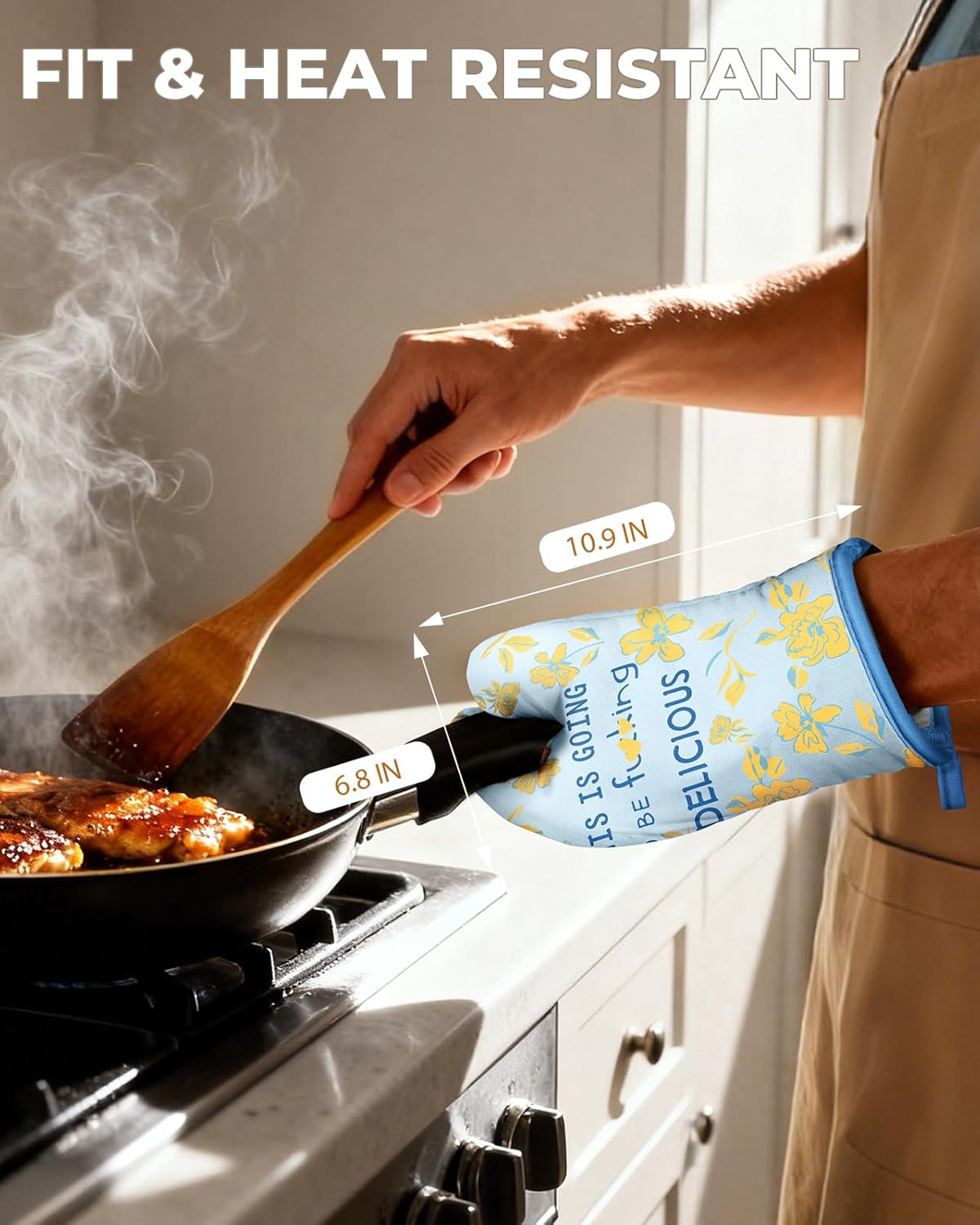 Slohif Funny Oven Mitt Heat Resistant for Women - 1 Pack Blue Cute Novelty Cool Kitchen Oven Mittens with 100% Cotton for Baking and Cooking Accessories (Yellow Flower) - Image 2