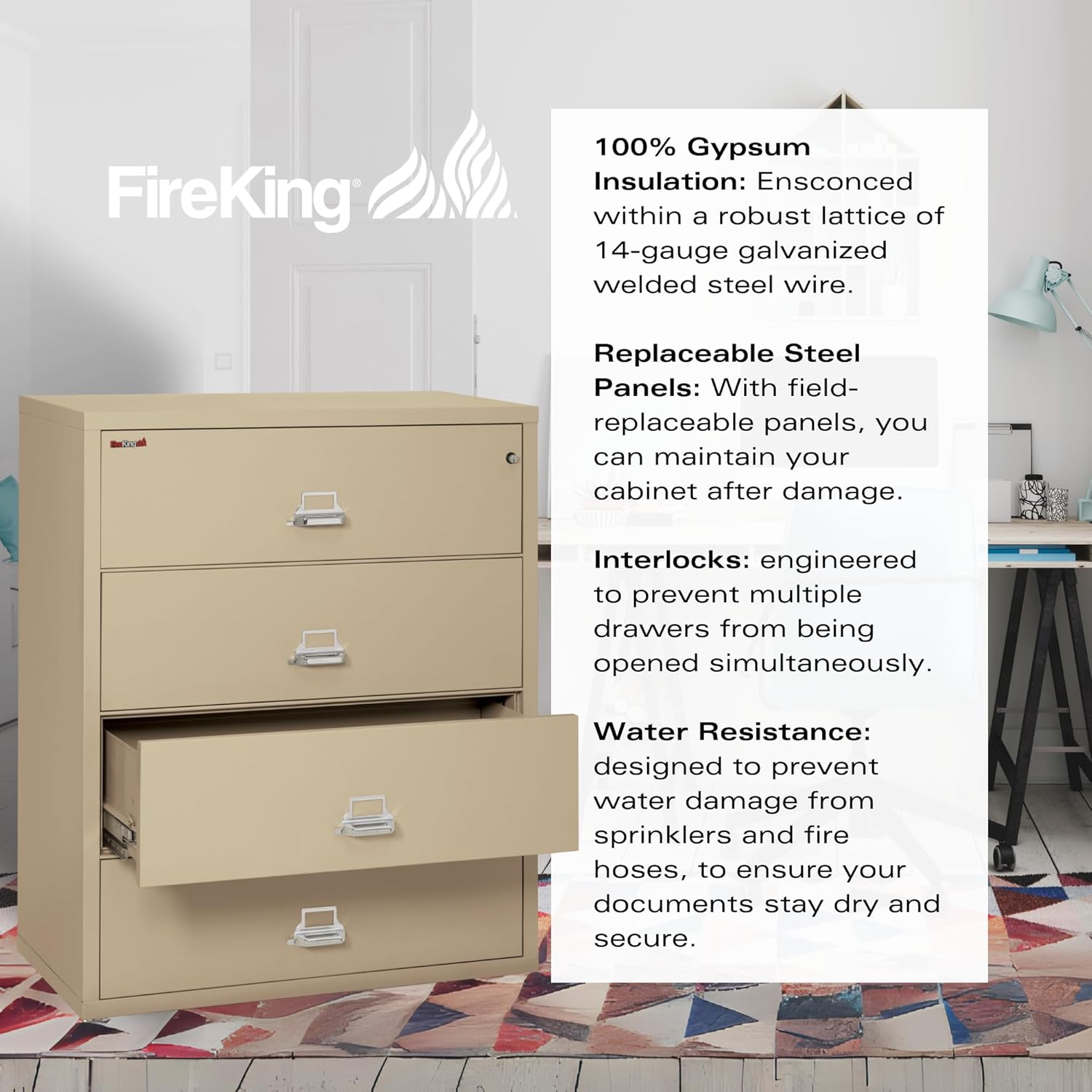 Fireking Fireproof Lateral File Cabinet (4 Drawers, Impact Resistant, Water Resistant), 44" W x 22" D, Parchment, Made in USA