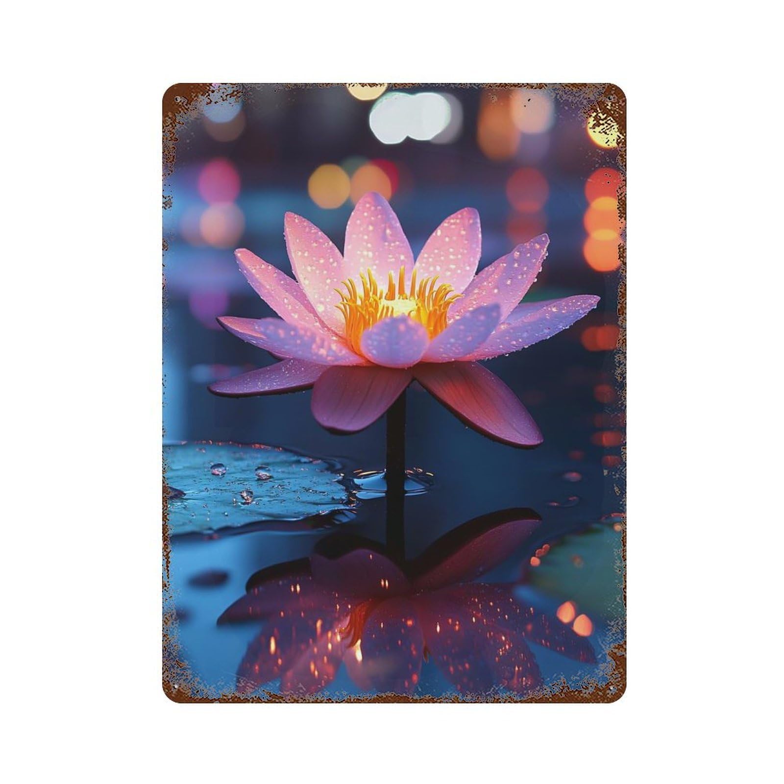 Pink Lotus Flower in Water Reflection Distressed Metal Wall Sign 15.7"x11.8", Rustic Home Decor for Living Room, Hallway And Home Decor