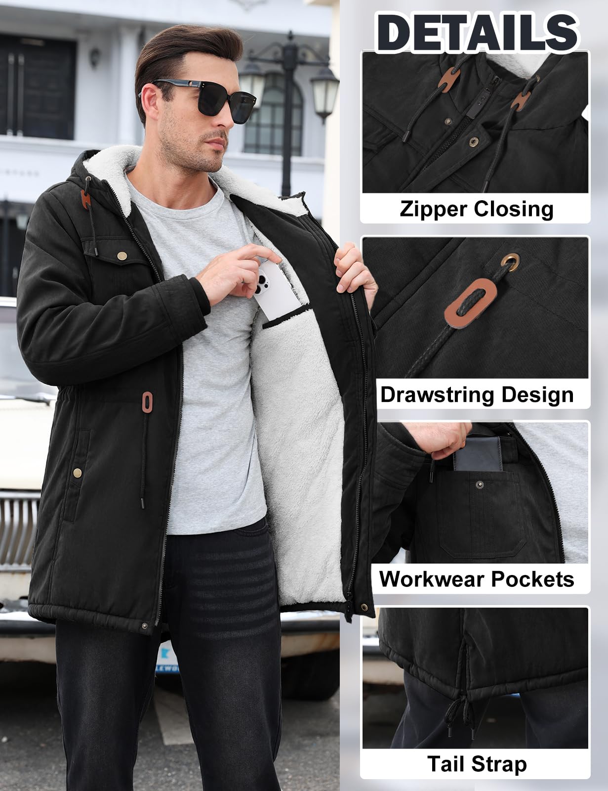 Parka Hombre Abrigo Invierno Con Forro Polar Chaqueta Cortaviento y Cálido con Capucha Largo Winter Jacket Chaqueta de Moda Pocket Coat