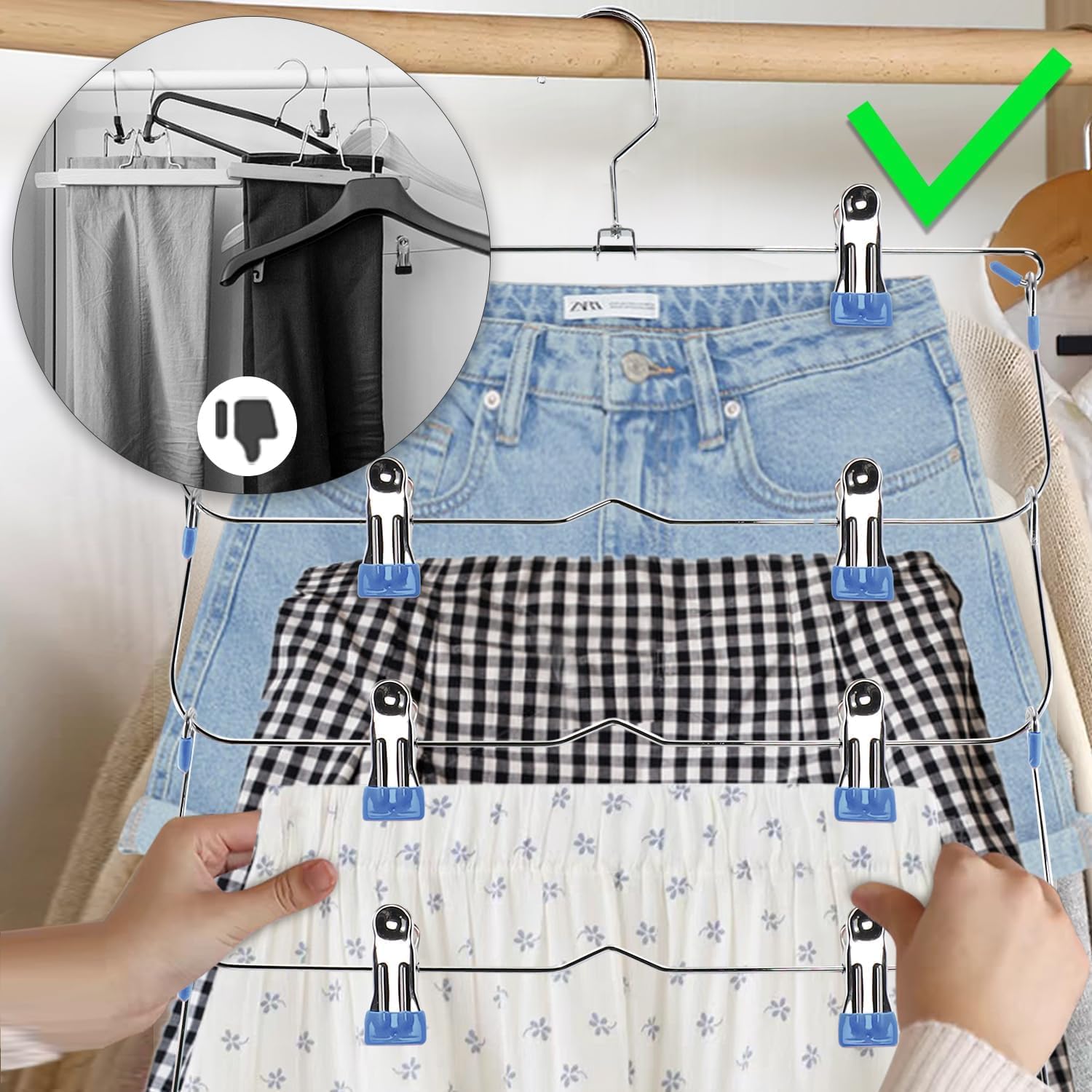 Skirt Pants Hangers with Clips,6Tier Skirt Hangers Space Saving,Metal Multi Pants Hangers and Storage Multi Clothes Shorts Hanger Organization,Space Saving Hangers with Clips (Blue, 4-Piece Set)