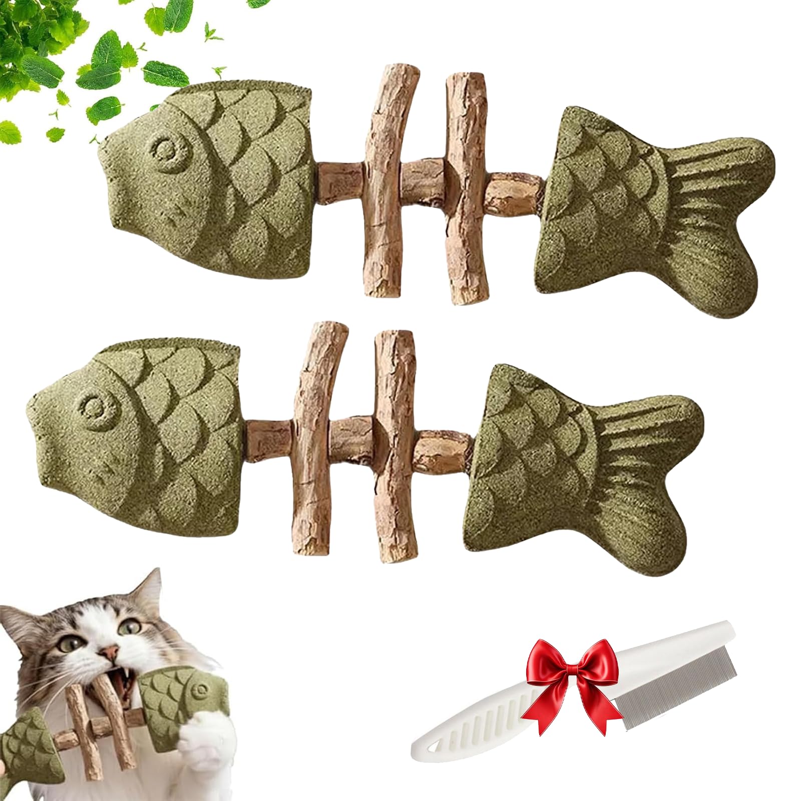 Catnip and Silvervine Chew, Fish Bone Cat Chew Toy with Natural Silvervine Sticks, Textured Dental Care Toy for Teeth Cleaning, Licking, Pawing, Boredom Relief, Indoor Kittens Adult Cats (B*2PCS)