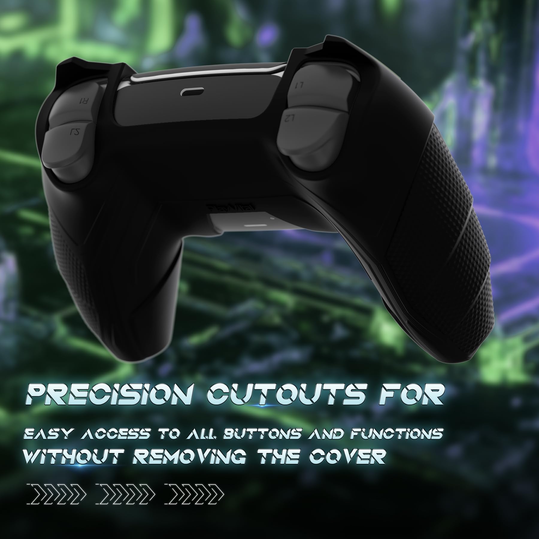 PlayVital Mecha Rhino Silikonhülle für PS5 Controller, Anti-Rutsch-Schutzhülle Case mit Thumb Grips und Aufklebern, Griffe Skin Zubehör für PS5 Wireless Controller Passend zur Ladestation-Schwarz&Grün