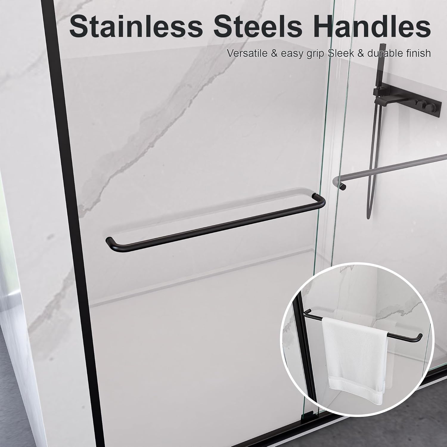 Bathroom Double Sliding Shower Door, Modern Bypass Tempered Glass Shower Door with Aluminum Alloy Frame and Stainless Steel Pull Handle, 56" - 60" W x 72" H, 1/4" (6mm) Thick, Matte Black