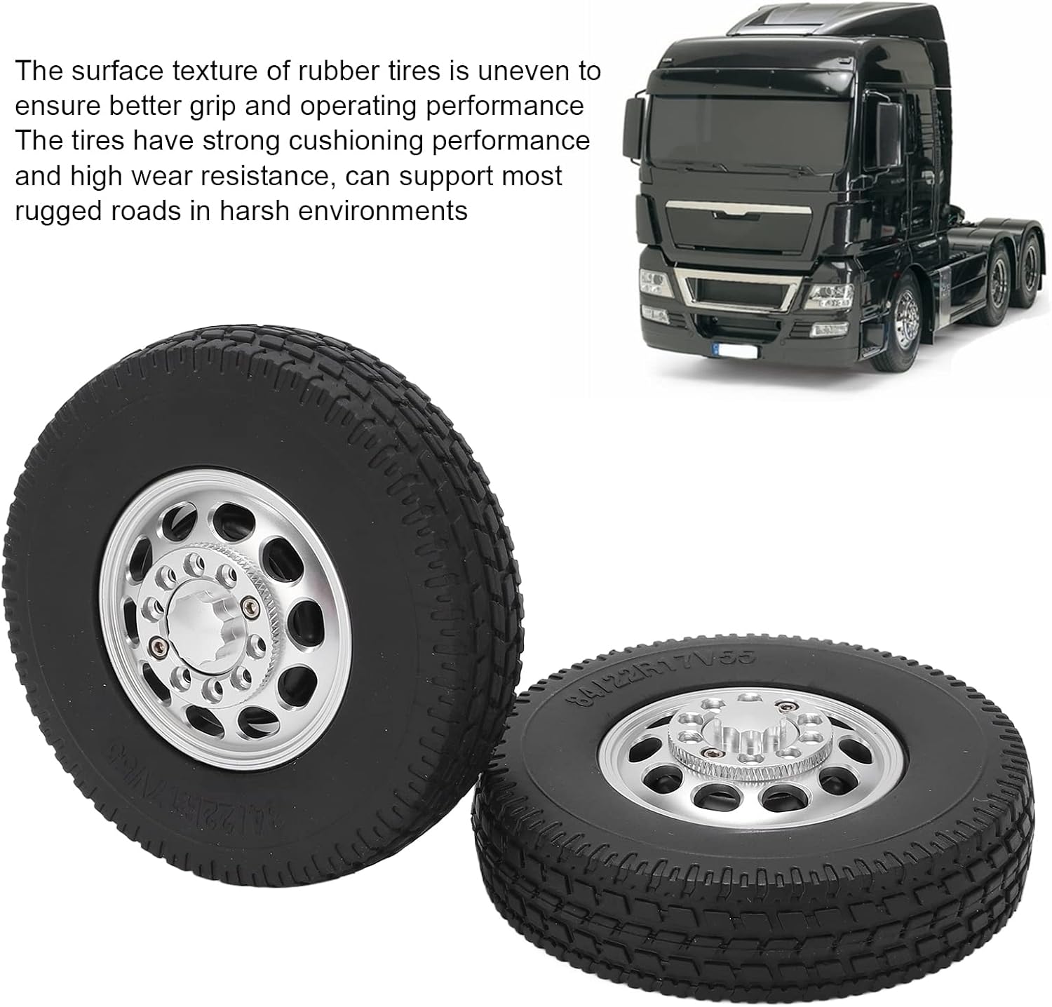 Front Hub with Rubber Tires 2Pcs RC Car Rubber Tire Aluminum Alloy Front Hub with Rubber Tires Upgrade Parts for 1/14 Tractor Truck Front Wheel Black