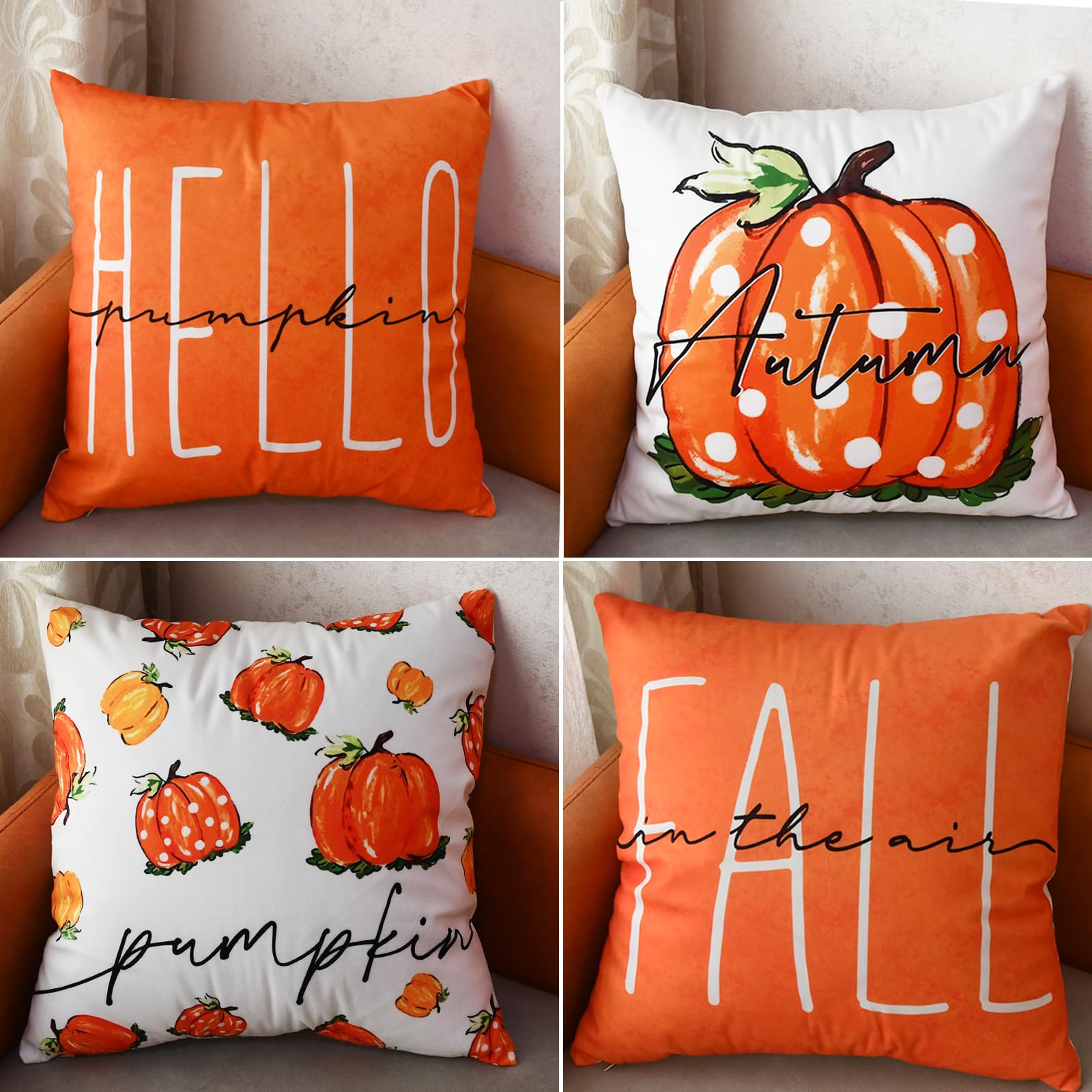 NBHH 4 Pack Fall Pillow Covers 18x18 Inch, Soft Hello Fall Autumn Throw Pillow Cases,Thanksgiving Pumpkins Fall Decorations Outdoor Farmhouse Pillow Covers for Home Couch (Orange-18 x18 Set of 4)