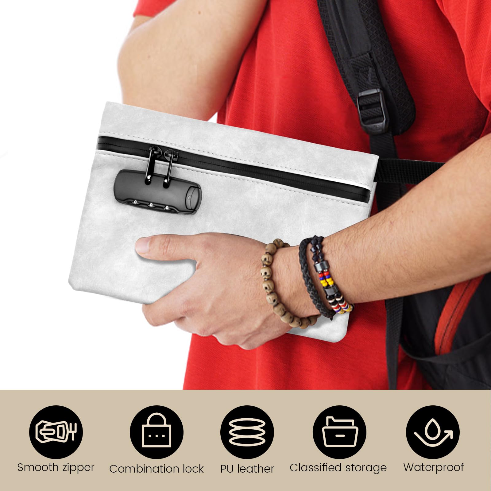 Small Password Storage Bag,Waterproof & Cut-Resistant PU Money Pocket with Waterproof Lockable Cash Bag with Zipper & Handle for Cash,Keys,Jewelry - Image 3