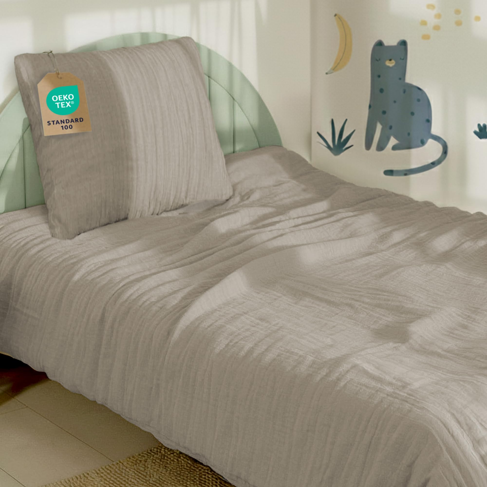 Dreamzie Kinderbettwäsche 135x200 cm + Kissenbezug 80x80 - Musselin Bettwäsche aus 100% Baumwolle, Oeko-TEX Zertifiziert, atmungsaktiv & hautfreundlich - Taupe