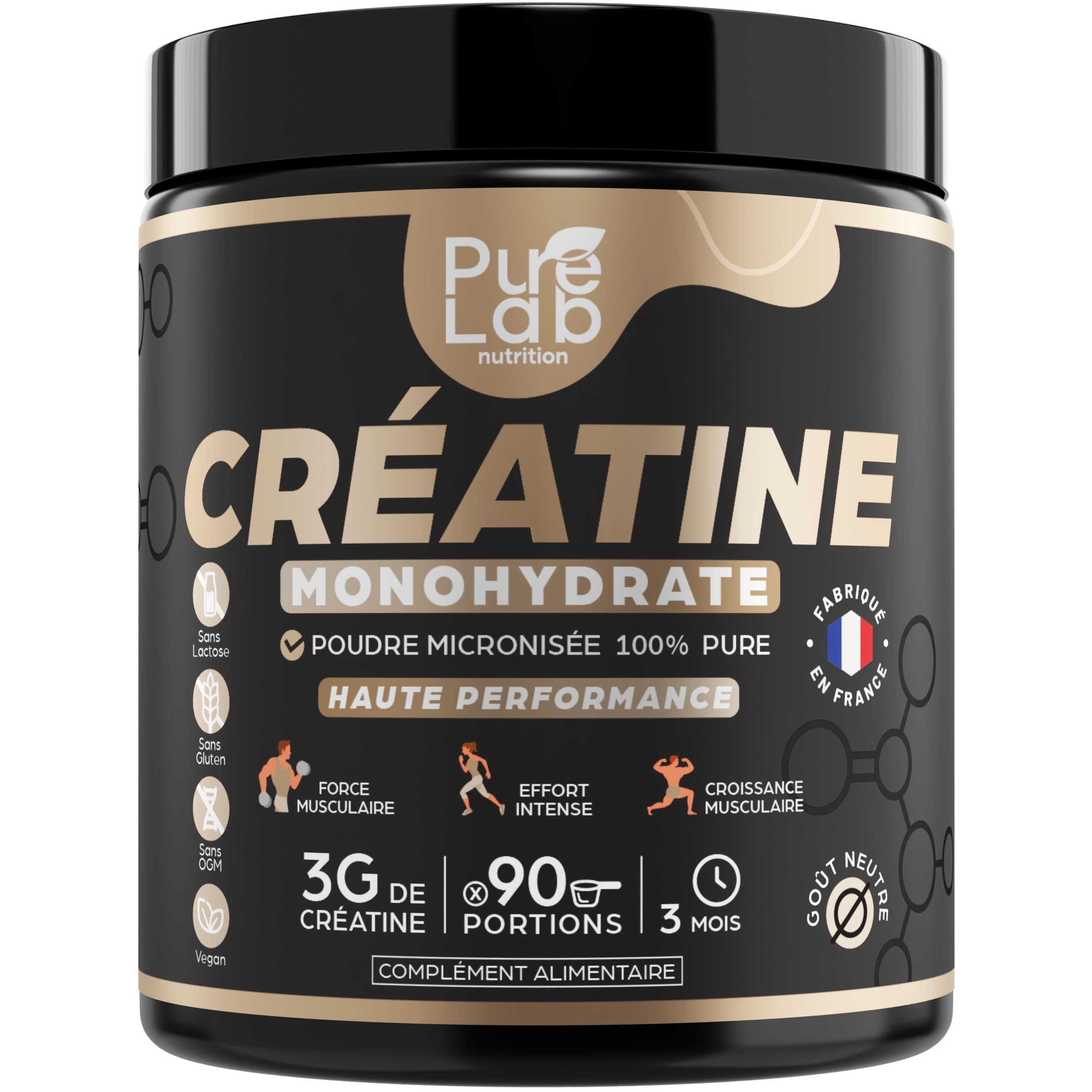 Créatine monohydrate poudre 100% pure de qualité micronisée - 90 portions - Haute Absorption - Performance, Force, Masse Musculaire et Efforts Intenses - 100% vegan