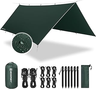 Bessport Zeltplane, Camping Zelt Tarp 3m x 3m/3m x 4m Wasserdicht PU3000 mm Tarp für Hängematte, mit Ösen & 6 Aluminiumstifte & 8 Nylonseile, Anti-UV Geeignet für Camping, Picknick, Hängematte