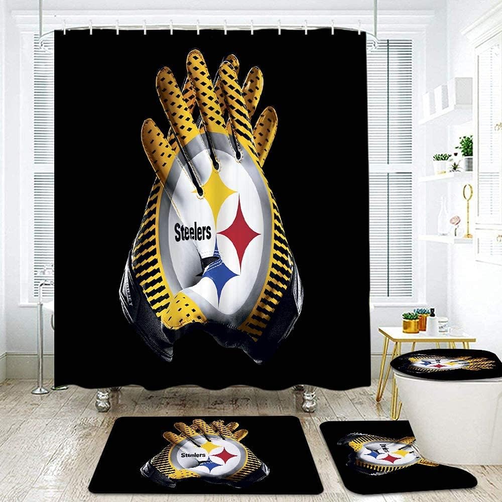 AIGDIX Steelers Theme Shower Curtain Set Pittsburgh Theme Four Piece Set,Toilet Lid Cover and Bath Mat,Durable Waterproof Home Bathroom Decor Bath Curtains for Bathtub 12 Hooks Included AIGDIX : Home & Kitchen