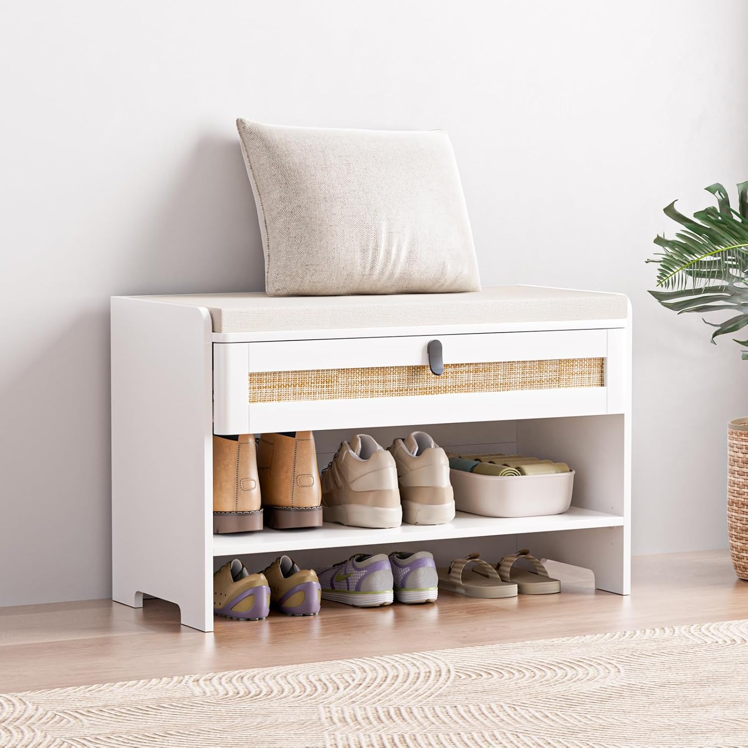 Knowlife Rattan Shoe Storage Bench with Drawer & Cushion, Shoe Rack Bench with Adjustable Shelf, Shoe Storage Cabinet Organizer for Entryway, Hallway, Mudroom, Bedroom, White
