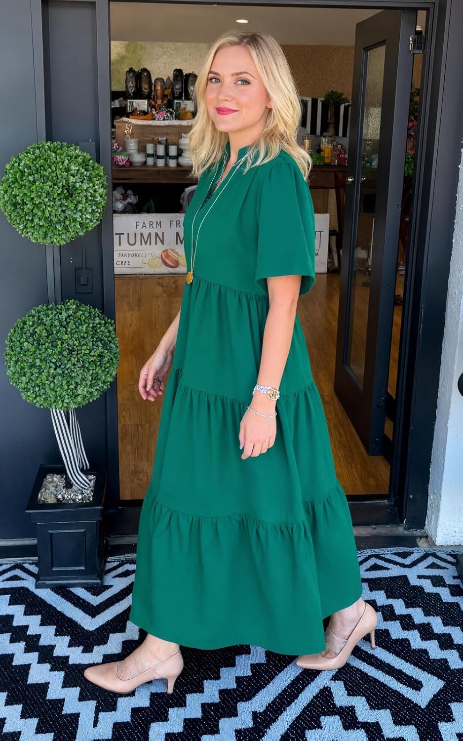 Womens Tiered Maxi Dress Summer Casual V Neck Short Sleeve Long Flowy A line Dresses for Women - Image 4