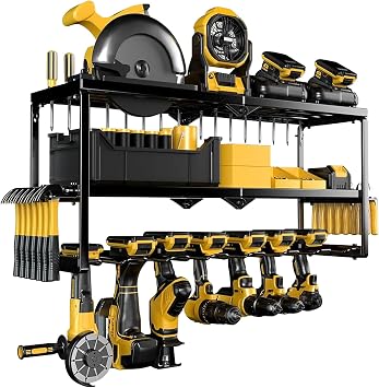 Heavy-Duty Wall-Mounted Power Tool Organizer - Metal Garage & Workshop Storage Rack with Drill/Cordless Tool Holder, Air Tool Rack, Screwdriver/Pliers/Hammer Slots, Holds 50+ Tools