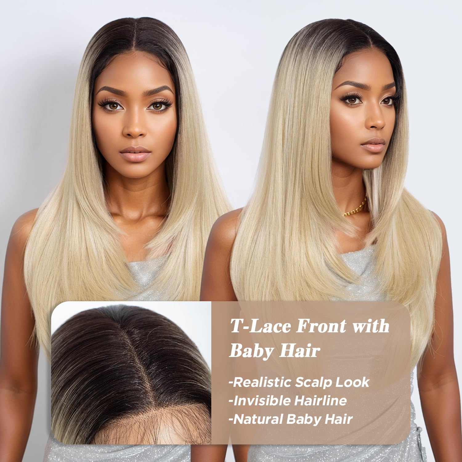 NOBLE Blonde Highlight Straight Layered Wig for Women 24 inch Synthetic Lace Front Wig Ombre Blonde Wig for Daily - Image 3