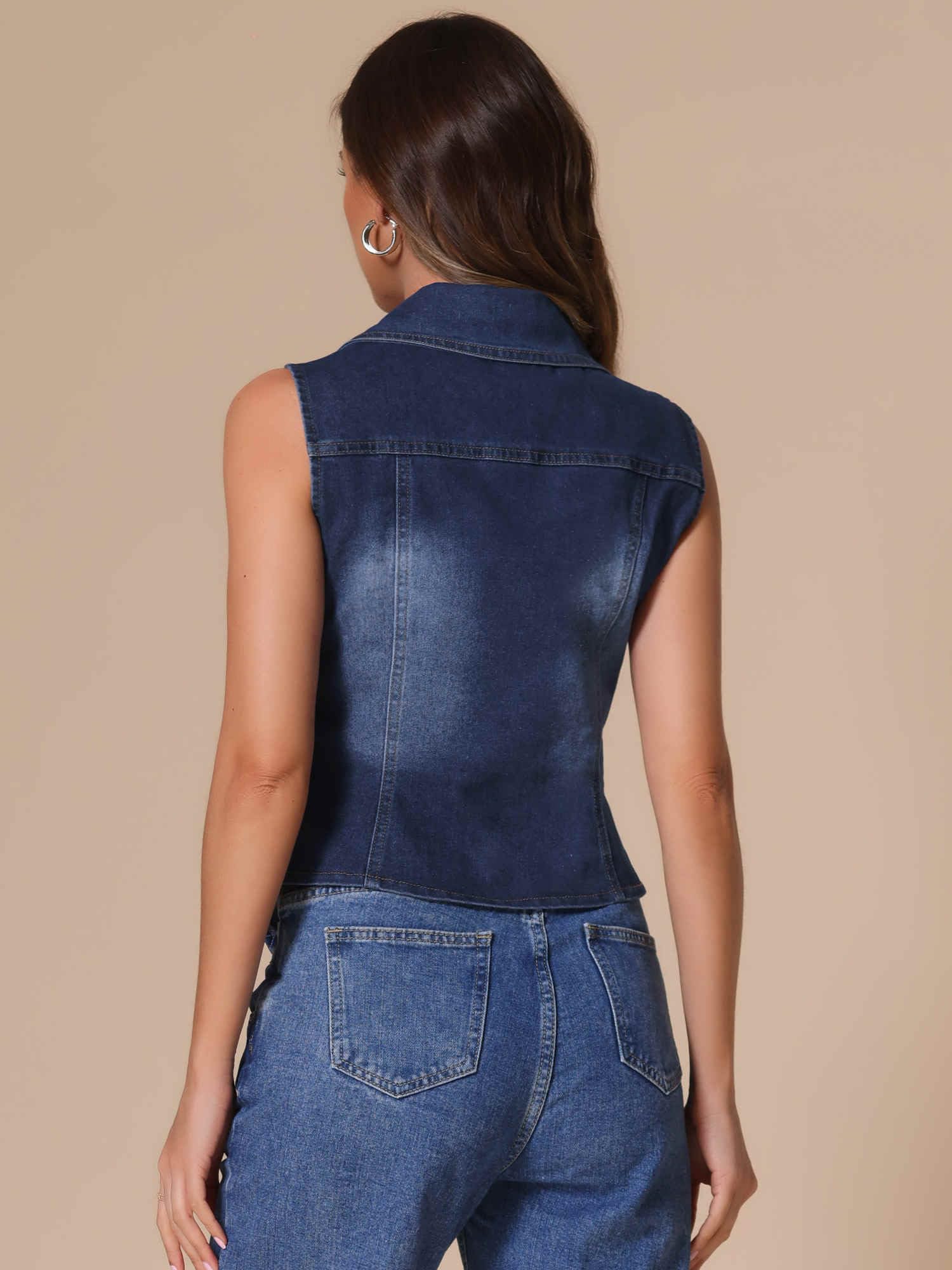Allegra K Gilet en Jean Femme Blouson sans Manches en Denim Délavé Veste Bouonné à Col en V