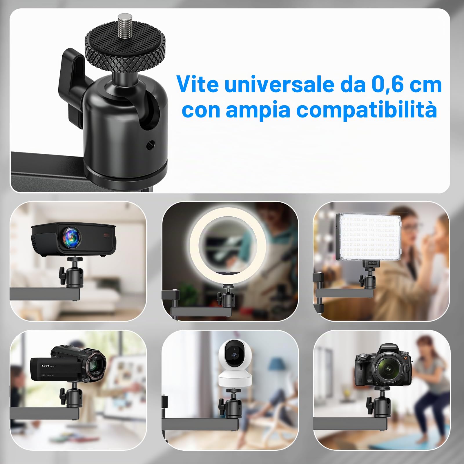Supporto da Parete per Proiettore Pieghevole, Staffa da Soffitto per Proiettore con viti da 1/4 con Rotazione a 360° per Home Theatre, Ufficio e Sala Giochi
