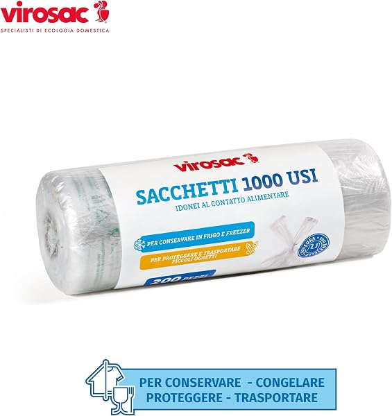 Virosac - 1000 Usi - Sacchetti multiuso a forma di shopper 34x60, 200 sacchetti per rotolo, trasparente - 2