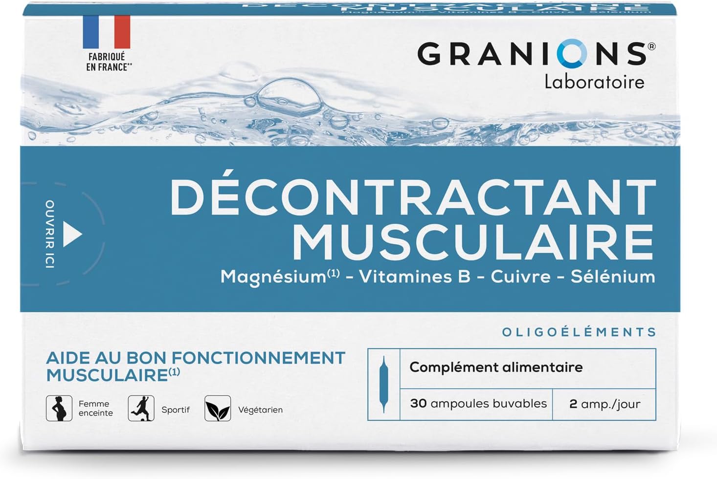 GRANIONS Muscle Relaxer | Reduces Cramps, Discomfort, Muscle Stiffness | Magnesium, Vitamin B, Copper, Selenium | For the Whole Family | 30 Bulbs | Made in France