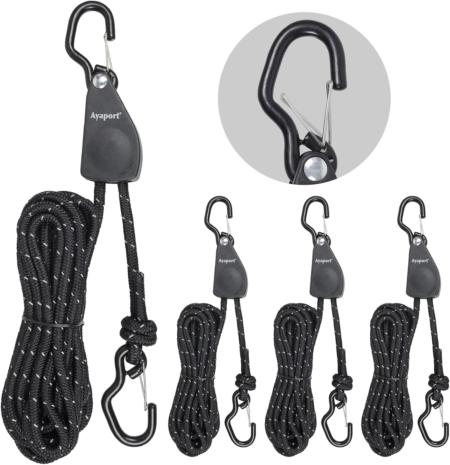 Ayaport Adjustable Rope Hanger Kayak Rope tie Downs Ratchet with Safety Lock S Hook Pulley Rope Hanger Tarp Tent Tie Downs