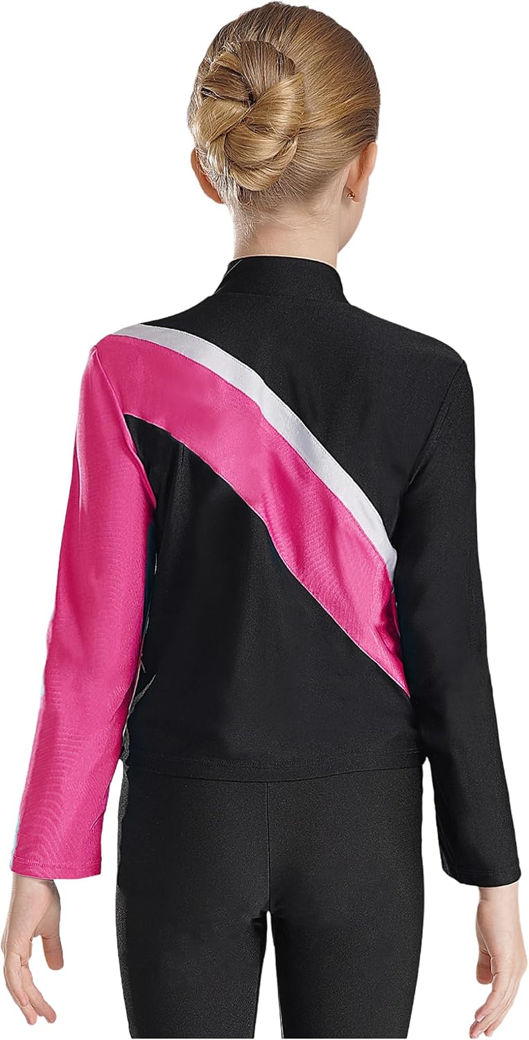 Kaerm Kids Girls Long Sleeve Stand Collar Jacket Zipper Sweatshirt Figure Ice Skating Tops Yoga Running Activewear
