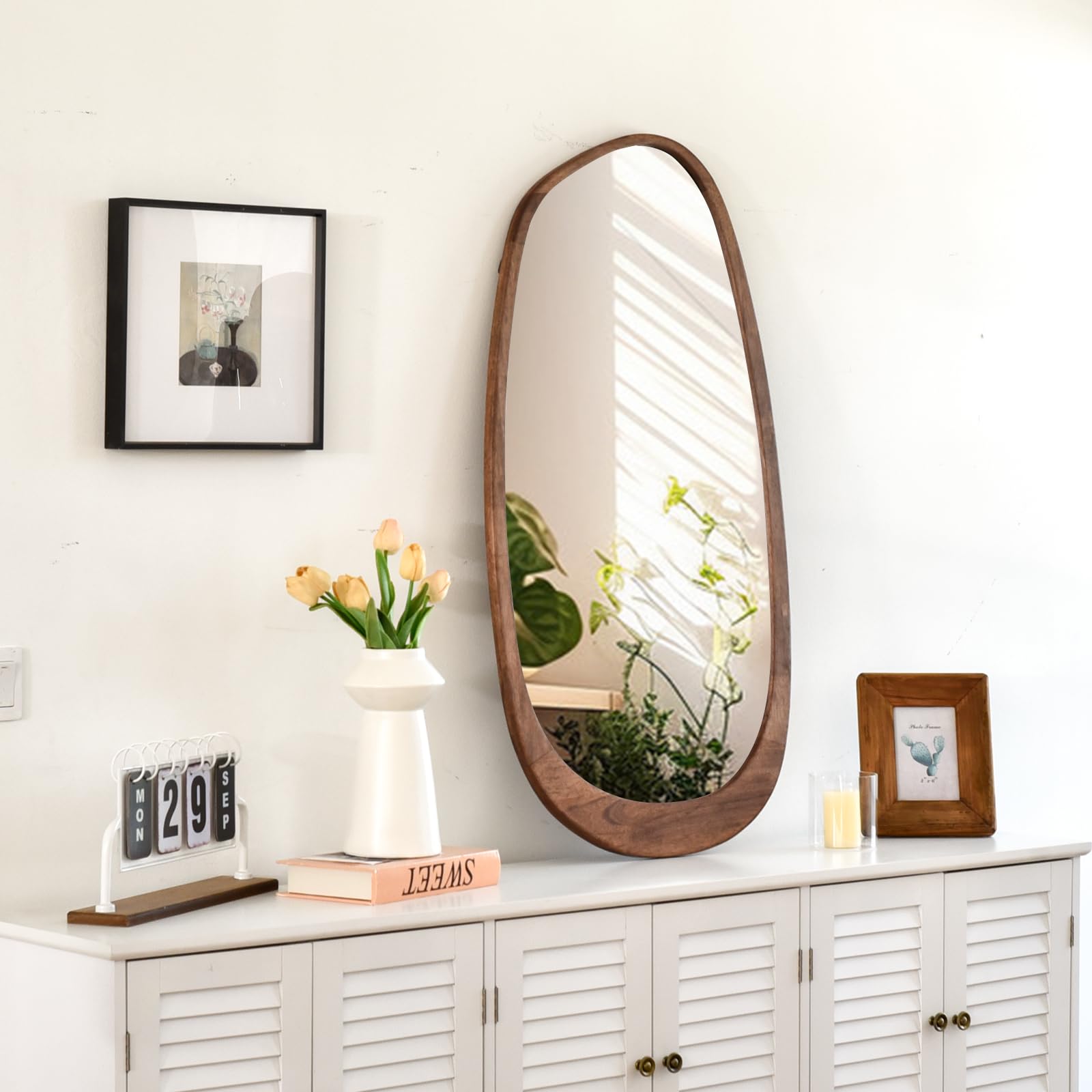 Asymmetrischer Spiegel, 97x50cm Unregelmäßiger Wandspiegel mit Holzrahmen | Cagnolier Asymmetrischer Wandspiegel, Rahmen aus Massivholz, Ganzkörperspiegel Holzrahmen für Wohnräume, Zimmer, Badezimmer