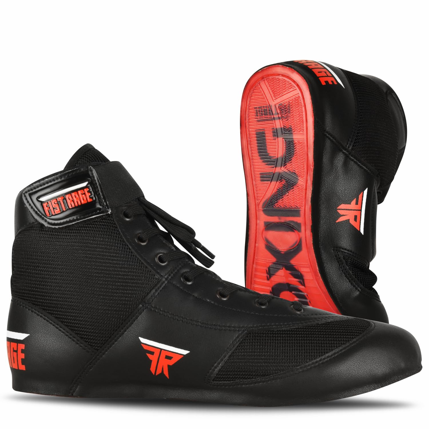 FISTRAGE Leather Kick Boxing Shoes Fighting Sports Master Training Mesh Unisex Pro Men's and Youth Genuine Boot Light Weight | Black Color Boxing Shoes for Adults