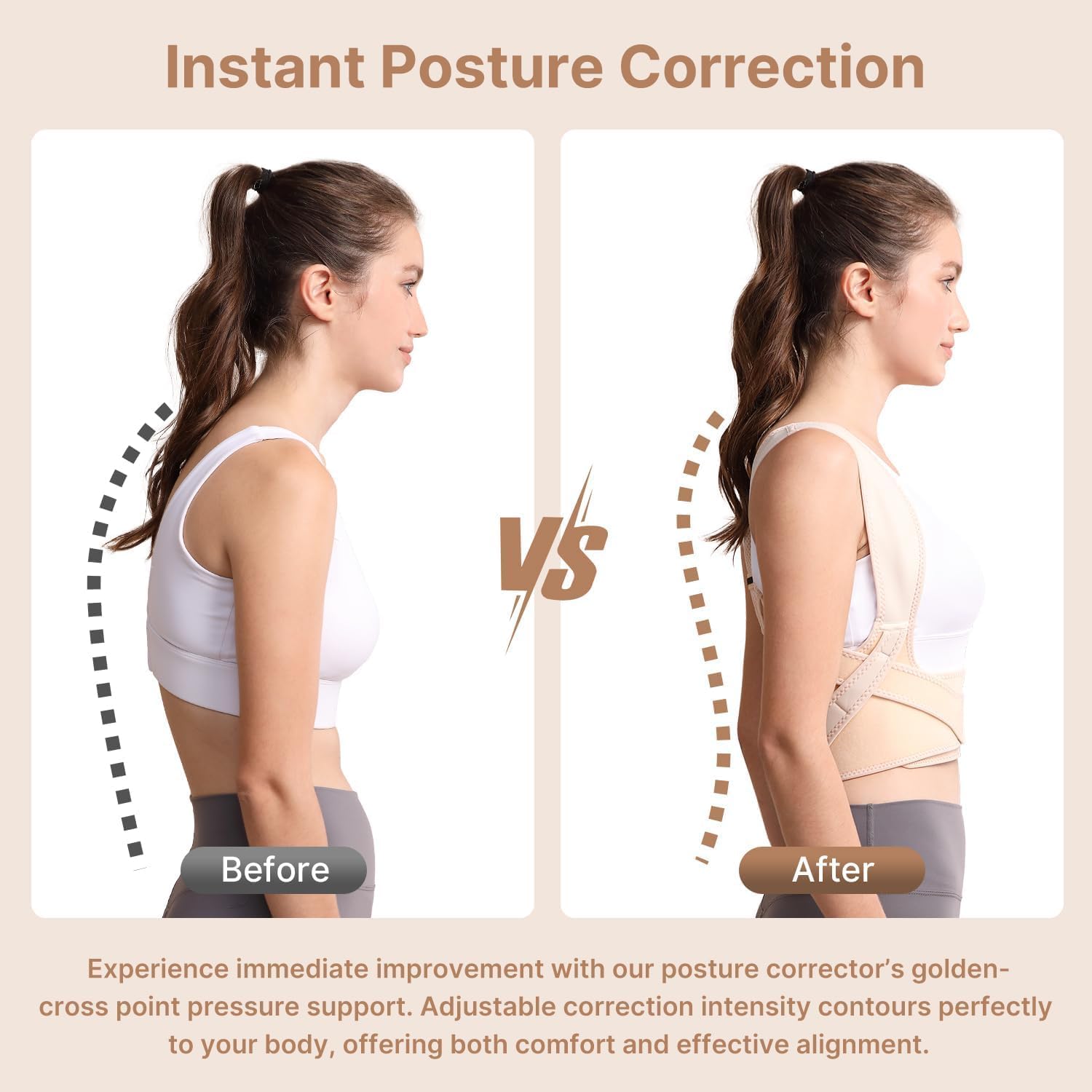 Fit Geno Posture Corrector for Women: Adjustable Lightweight Upper Back Brace for Neck Shoulder & Upper Back Pain Relief - Improve Posture Correct Hunchback Slouching Kyphosis Invisible Under Clothes (XS/S Under Bust 26"-37") Beige X-Small/Small