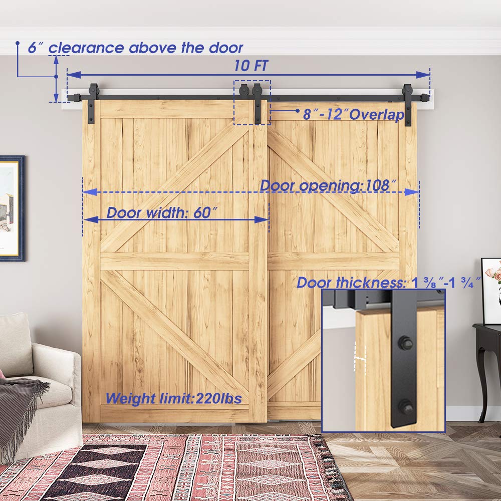 SMARTSMITH 10 FT Bypass Barn Door Hardware Kit, Upgraded Sliding Door Hardware Track for Double Wooden Doors, J Shape Hanger Sliding Door Hardware Kit, Easy Install