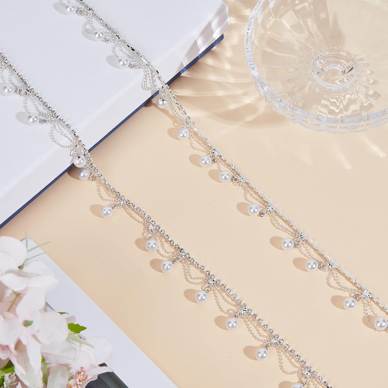 1 Yard Pearl Tassel Rhinestone Fringe Trim, Diamond Crystal Tassel Fringe Trims, Decorative Ribbon for Sewing Crafts Wedding Dress Clothing Accessories