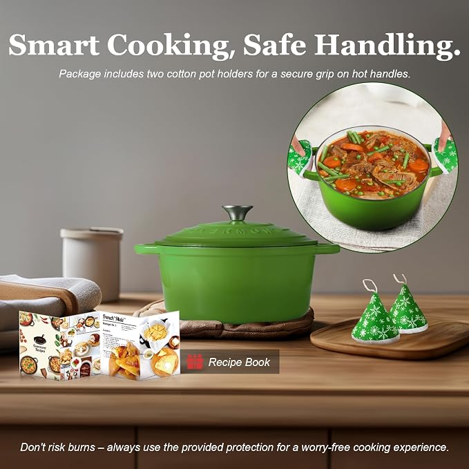 Overmont Enameled Cast Iron Dutch Oven - 5.5QT Pot with Lid Cookbook & Cotton Potholders - Heavy-Duty Cookware for Braising, Stews, Roasting, Bread Baking Glossy Green