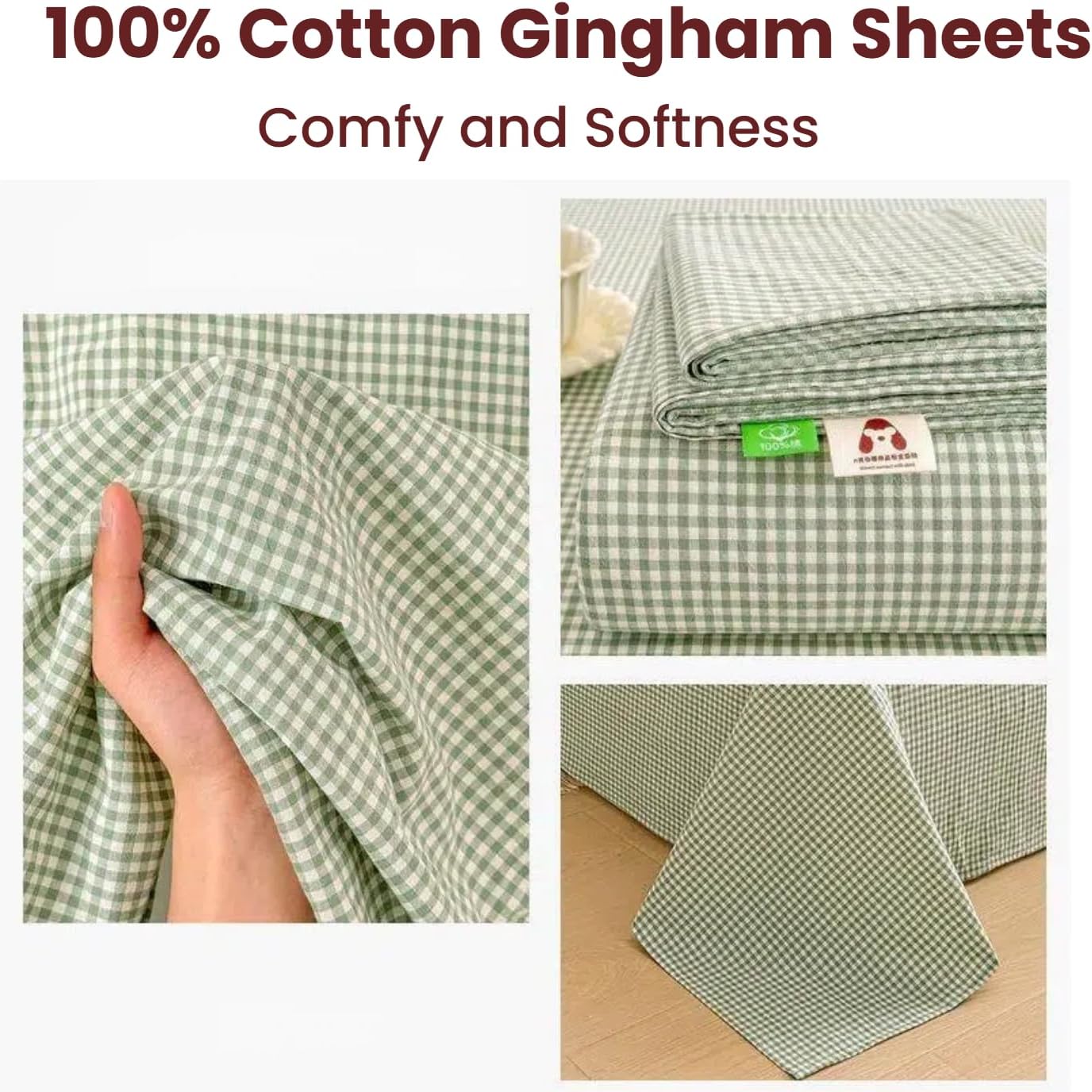 Premium 100% Cotton Green Gingham Flat Sheet Full Ultra Soft Breathable Checkered Bedding Bed Cover for Sensitive Skin