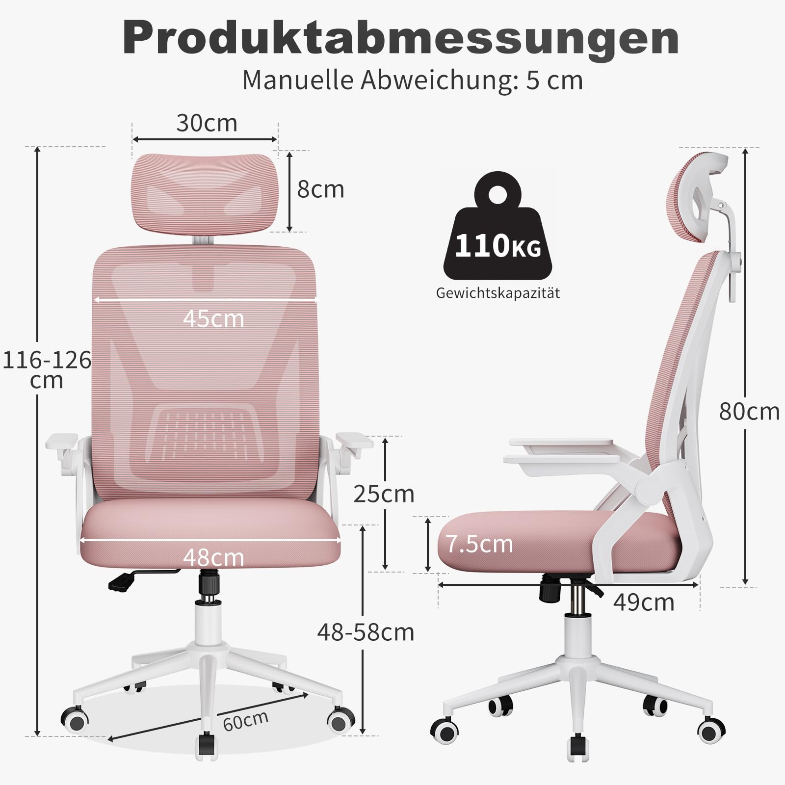 naspaluro Bürostuhl mit Lenden- und Kopfstütze, Drehstuhl mit 90° Klappbaren Armlehnen (Mit Kopfstütze, Rosa)