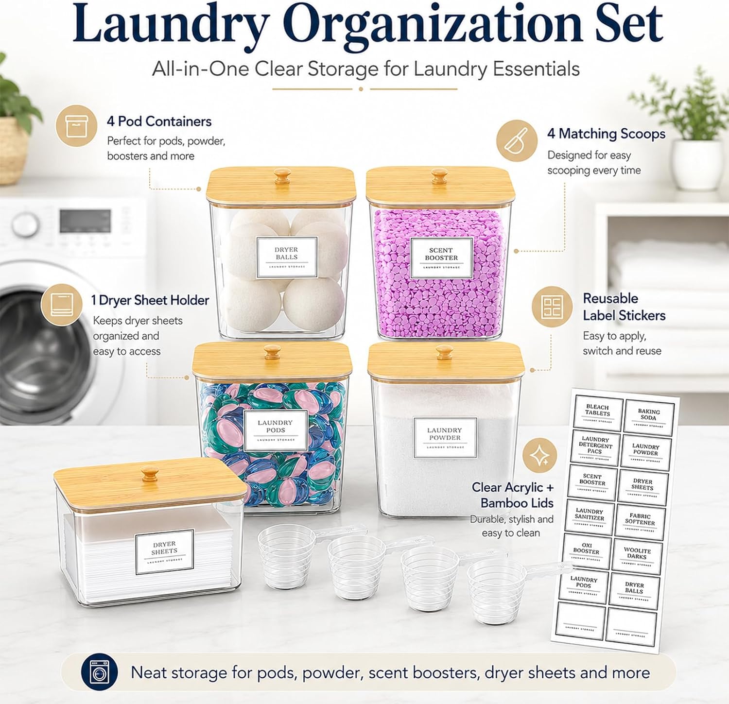 4+1 Pack Acrylic Laundry Pods Containers & Dryer Sheet Holder & Laundry Detergent Container, Laundry Room Organization and Storage with Lids, Labels and Scoops for Scent Booster, Powder and Pods